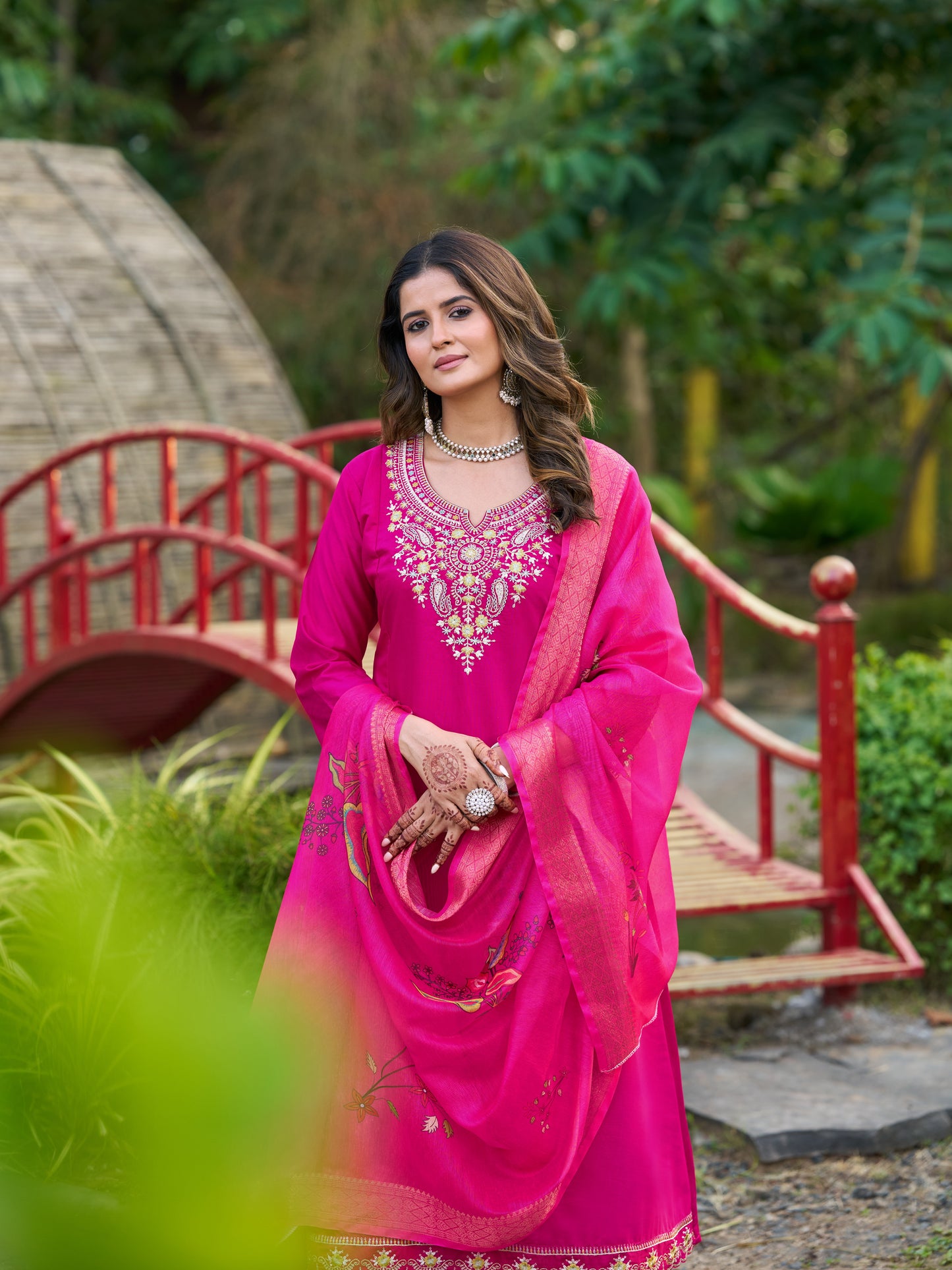 Pink Viscose Silk Blend Embroidered Kurta Set with Dupatta