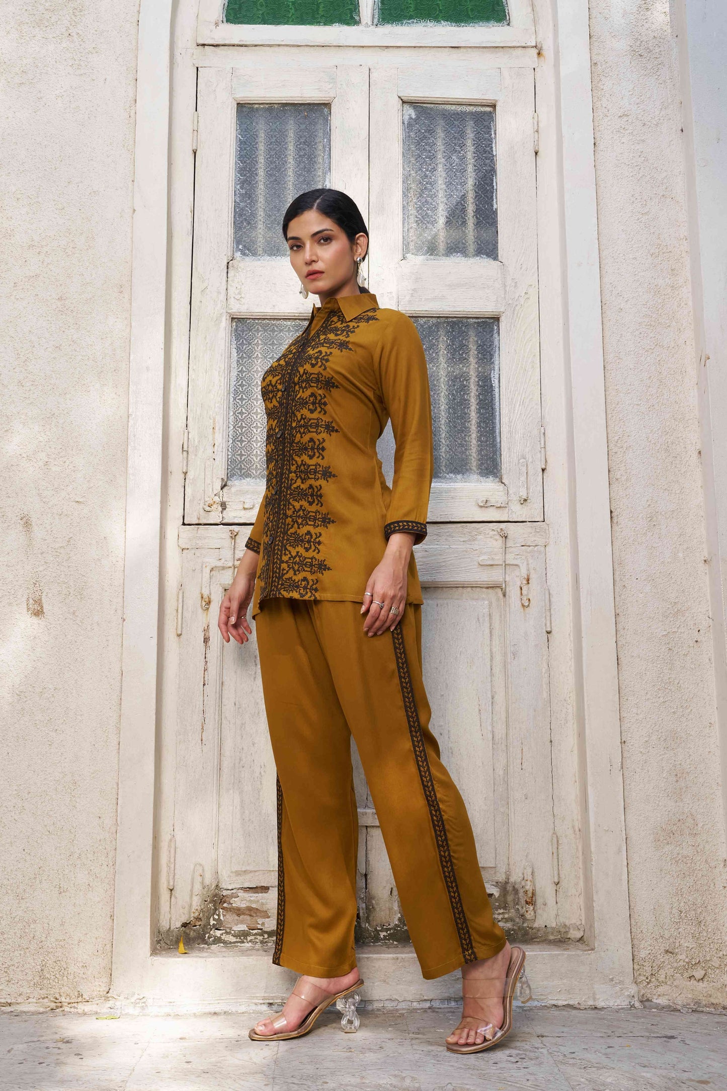 Mustard Brown Embellished Viscose Rayon Co-ord Set