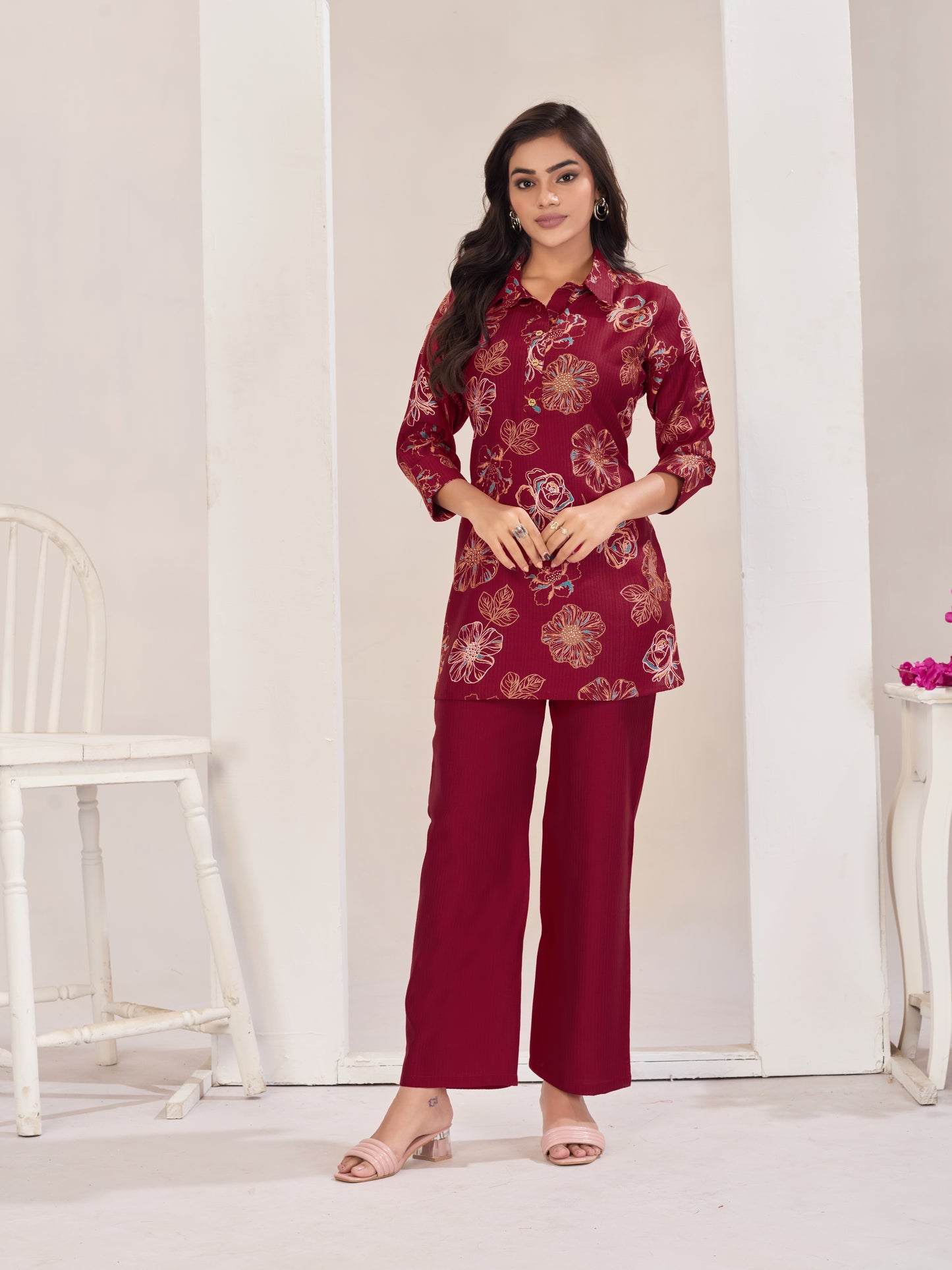 Maroon Burlin Cotton Coord Set