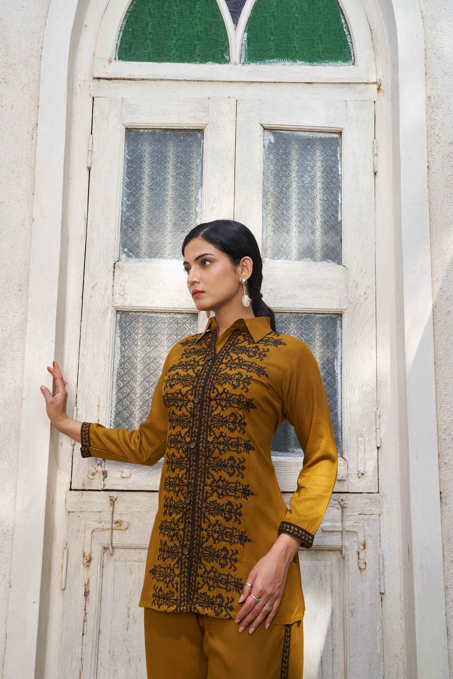 Mustard Brown Embellished Viscose Rayon Co-ord Set
