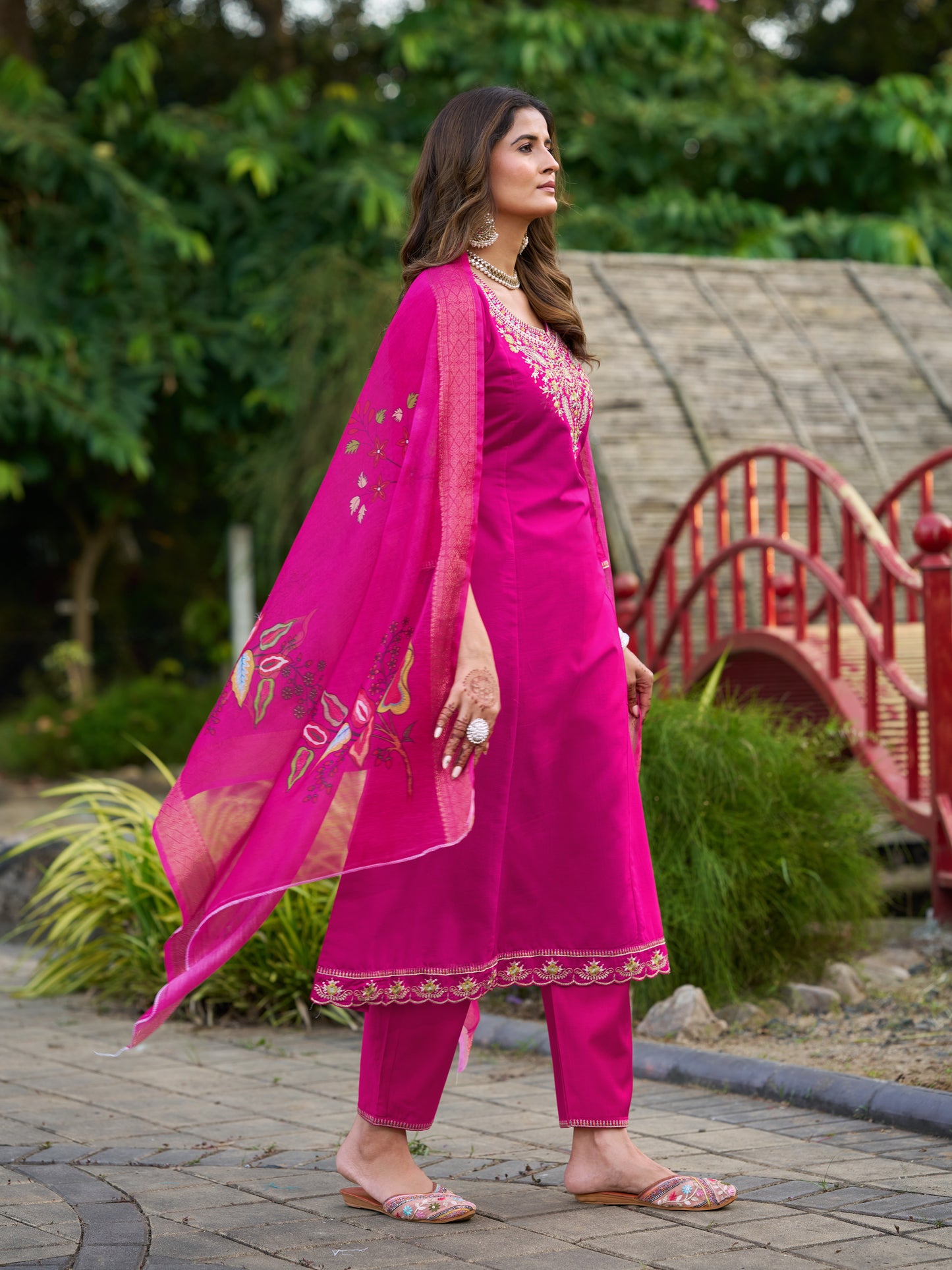 Pink Viscose Silk Blend Embroidered Kurta Set with Dupatta