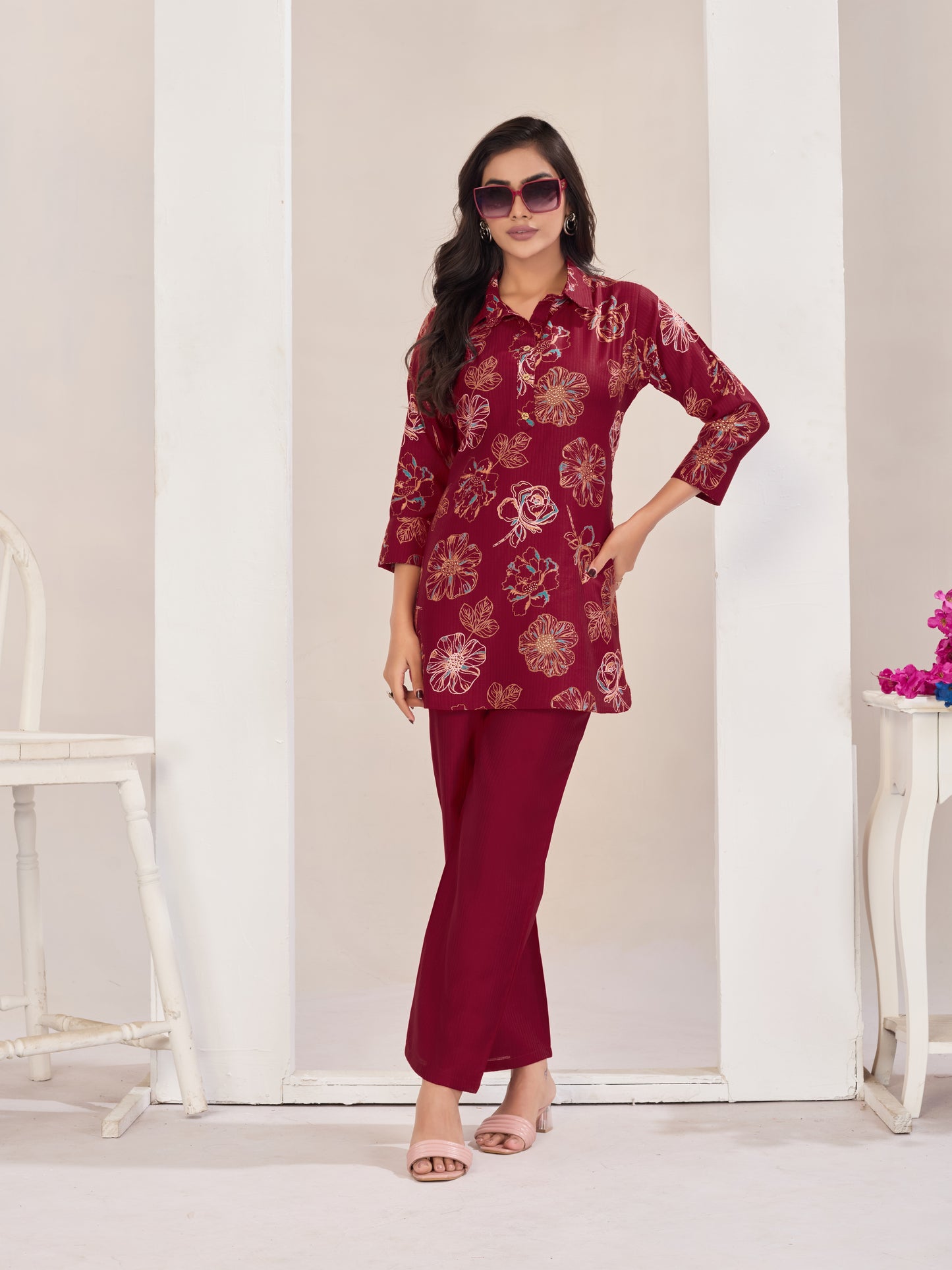 Maroon Burlin Cotton Coord Set