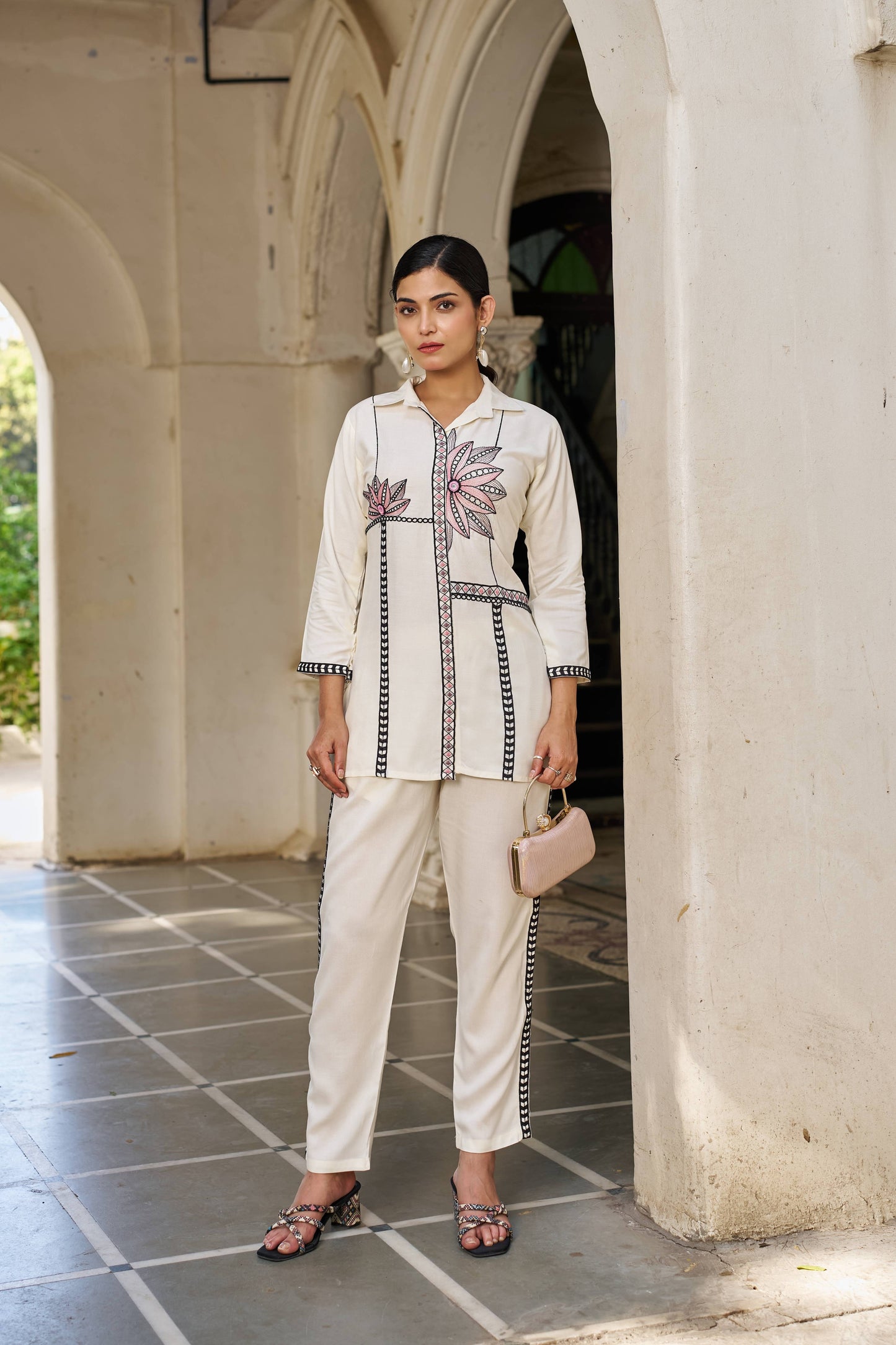 Off-White Embellished Viscose Rayon Co-ord Set