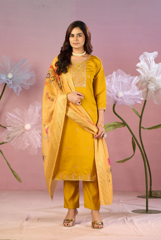 Mustard Yellow Silk Kurta Set with Zari Embroidery & Floral Dupatta