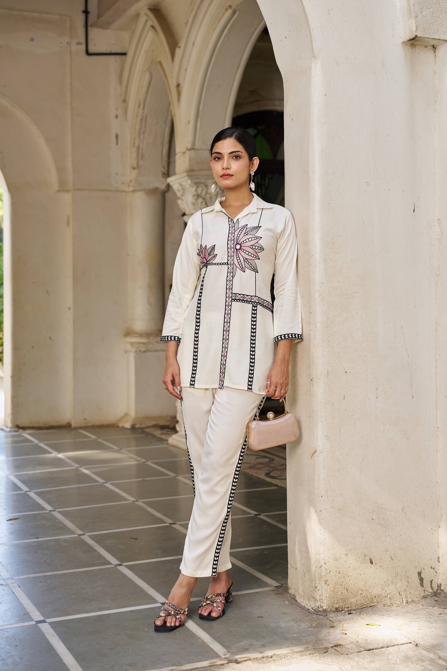 Off-White Embellished Viscose Rayon Co-ord Set