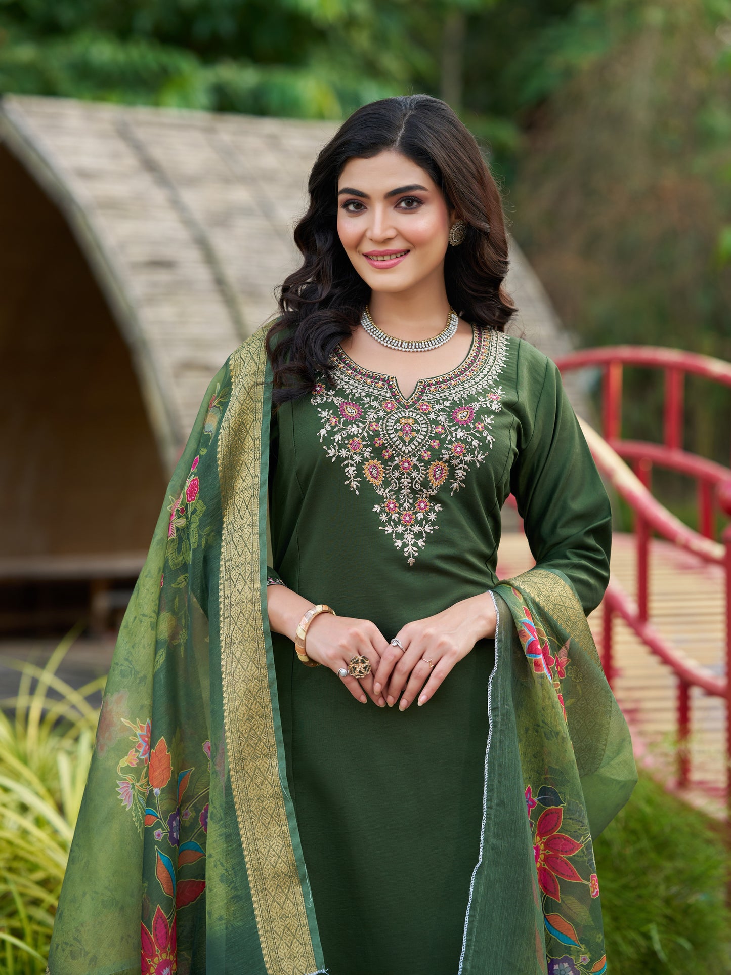 Green Viscose Silk Blend Embroidered Kurta Set with Dupatta