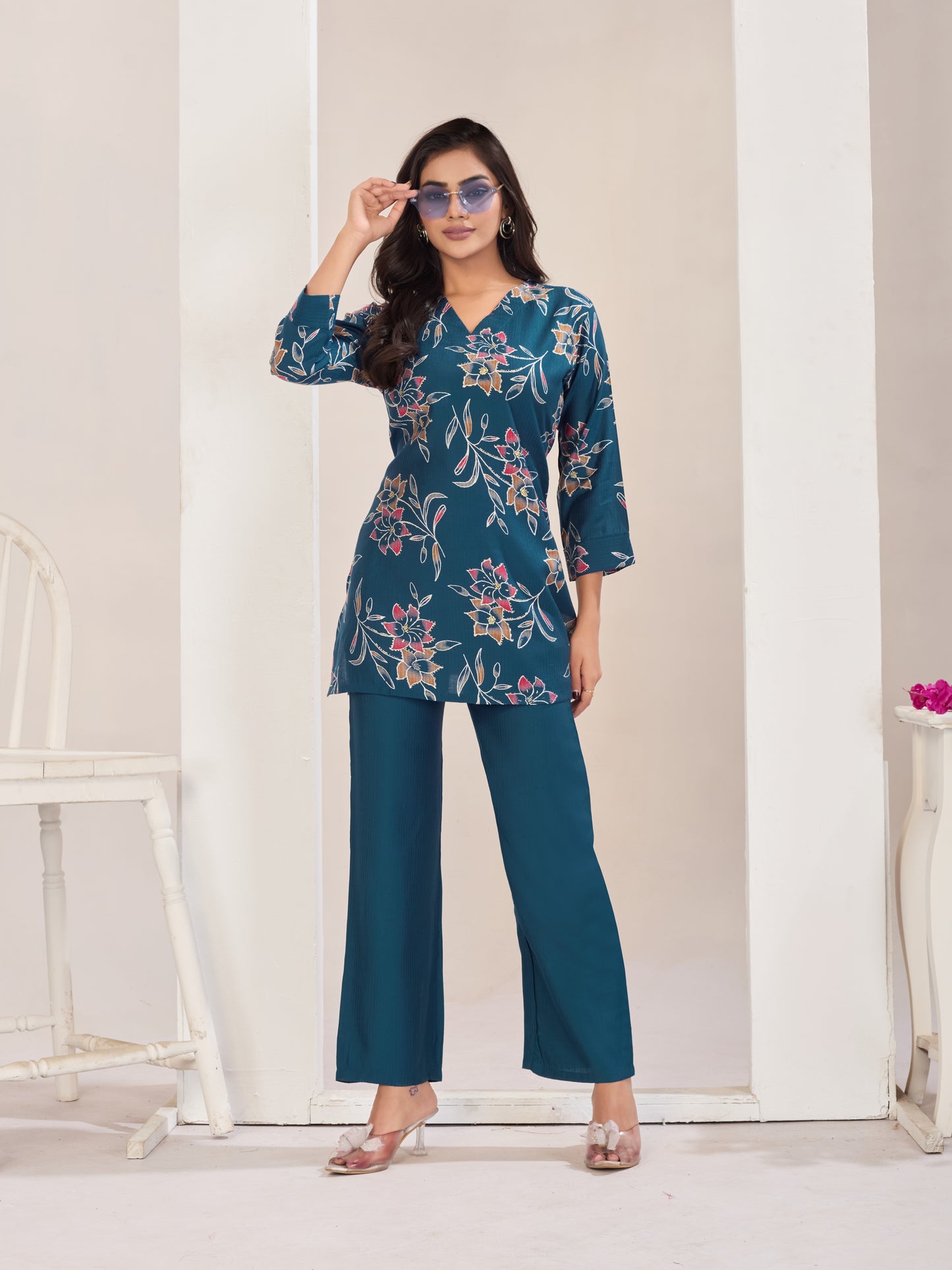 Teal Blue Burlin Cotton Coord Set