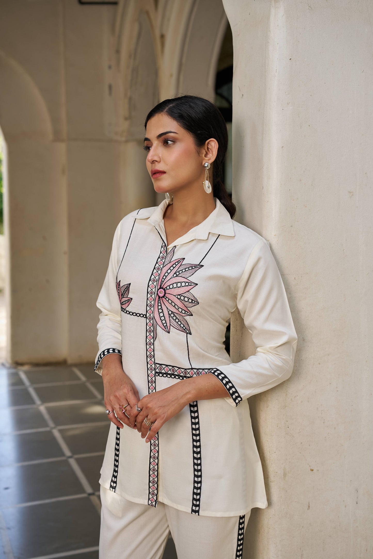 Off-White Embellished Viscose Rayon Co-ord Set