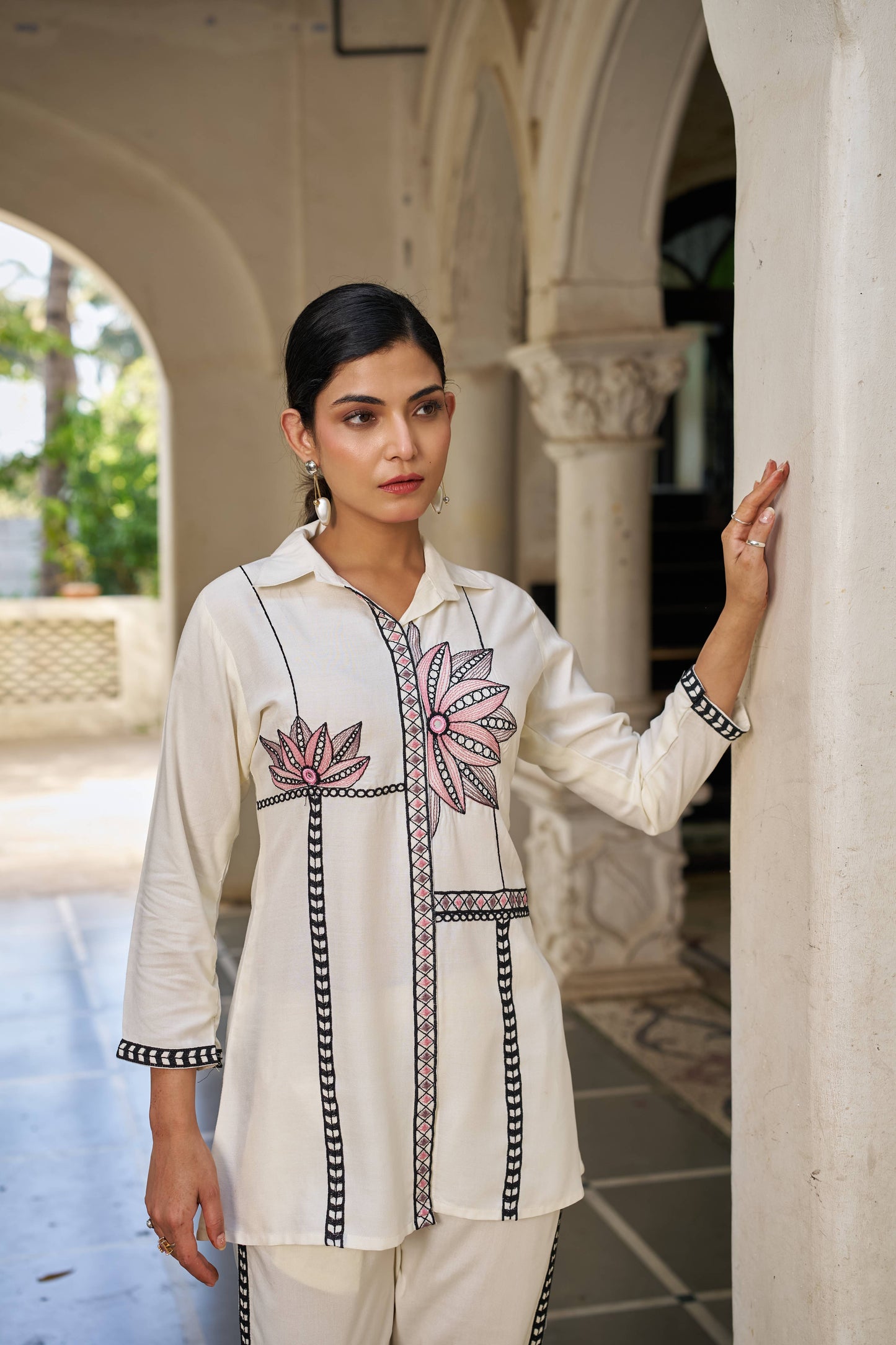 Off-White Embellished Viscose Rayon Co-ord Set