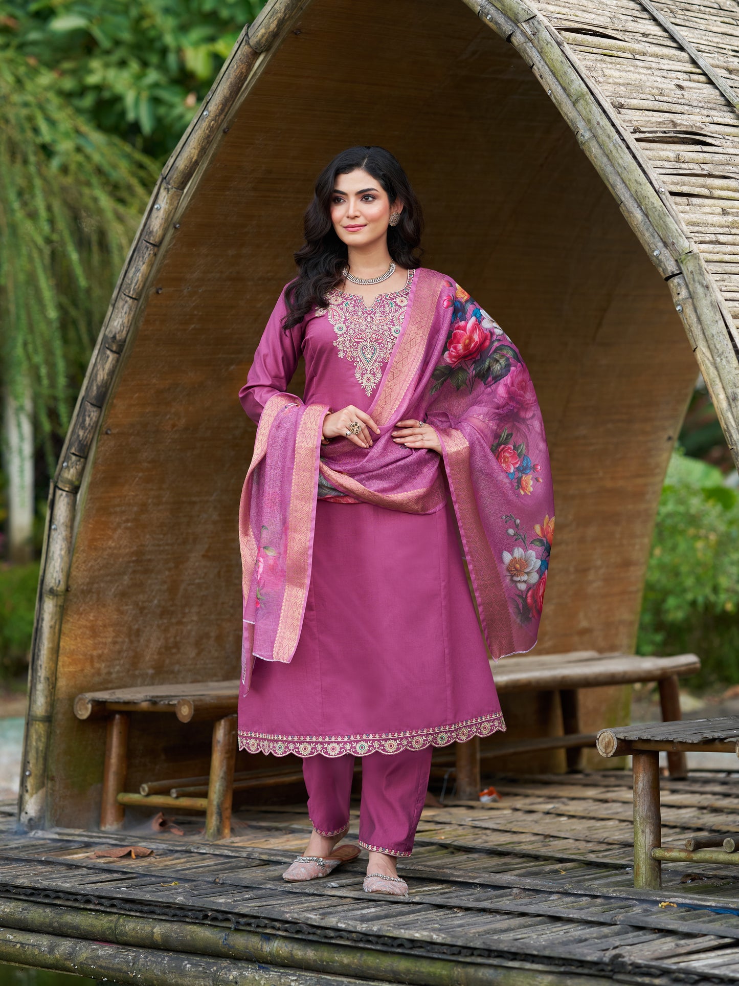 Mauve Purple Viscose Silk Blend Embroidered Kurta Set with Dupatta