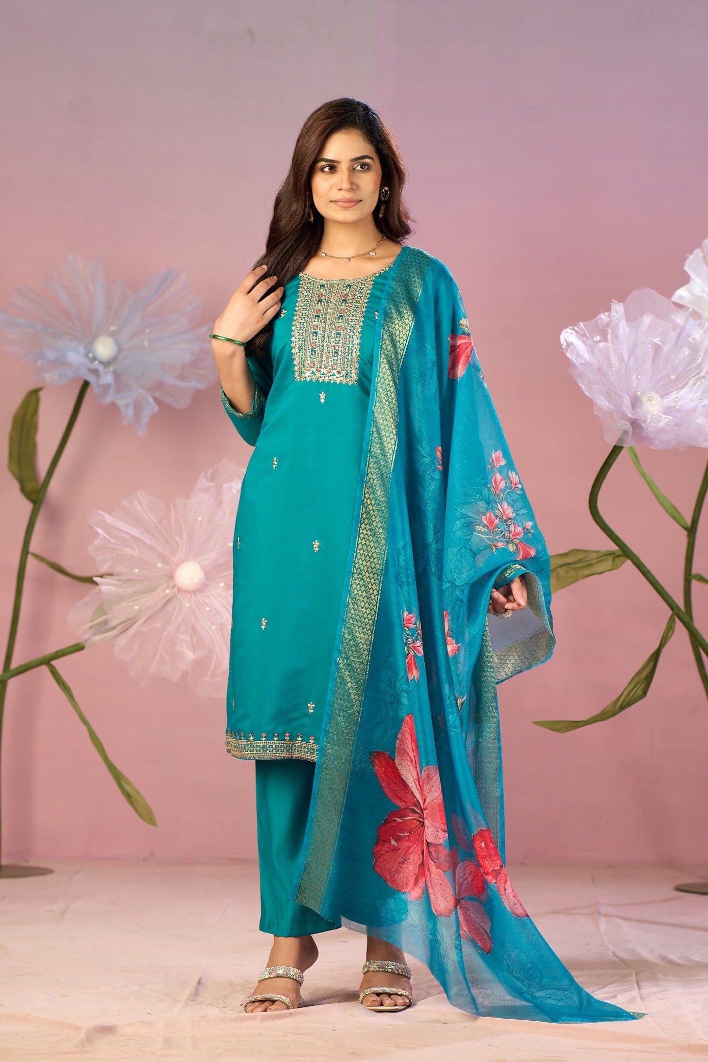 Vibrant Teal Blue Silk Kurta Set with Zari Embroidery & Contrast Floral Dupatta