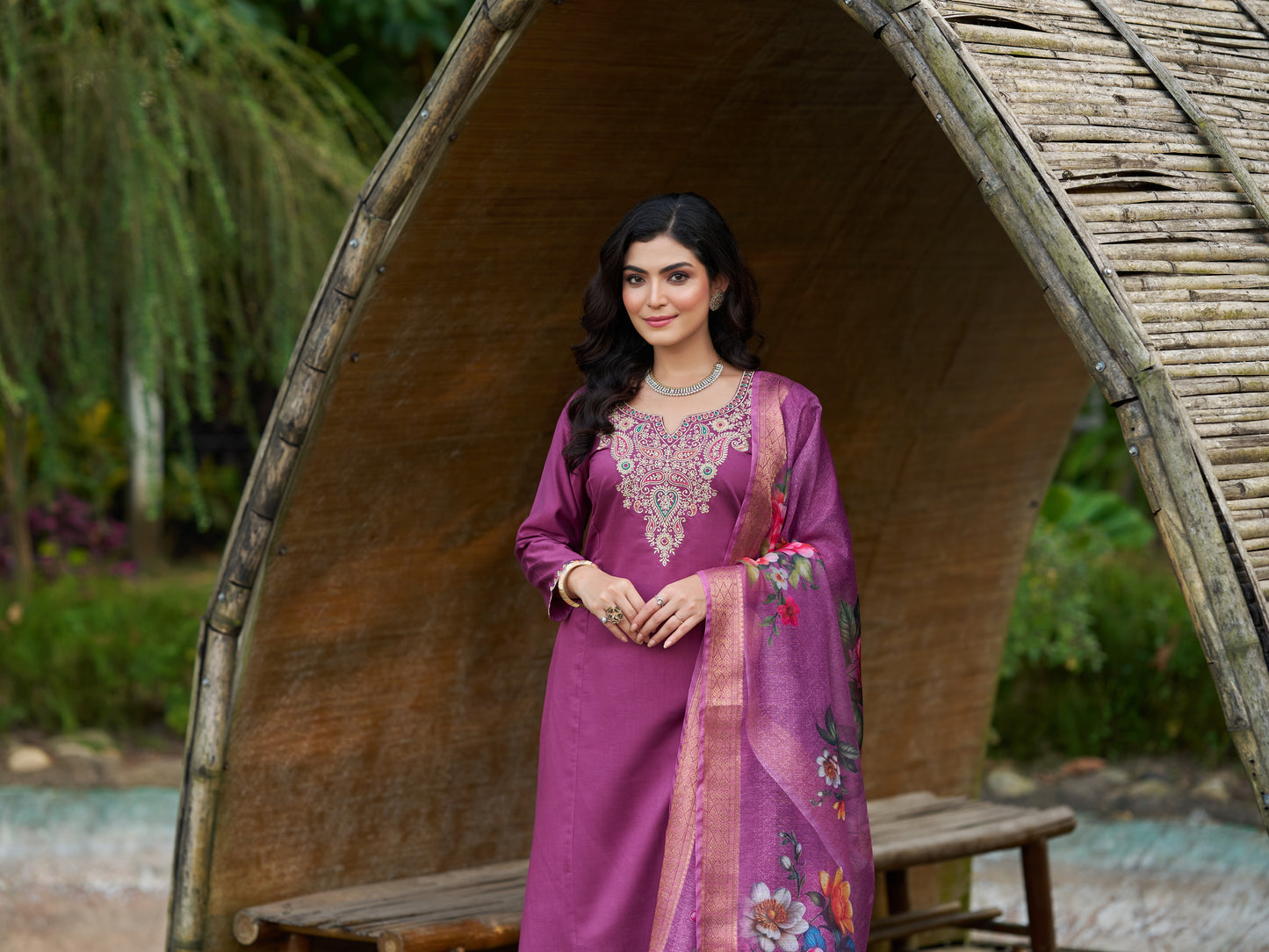 Mauve Purple Viscose Silk Blend Embroidered Kurta Set with Dupatta