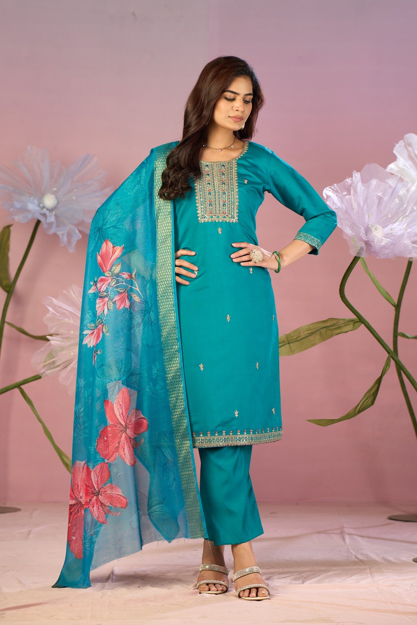 Vibrant Teal Blue Silk Kurta Set with Zari Embroidery & Contrast Floral Dupatta