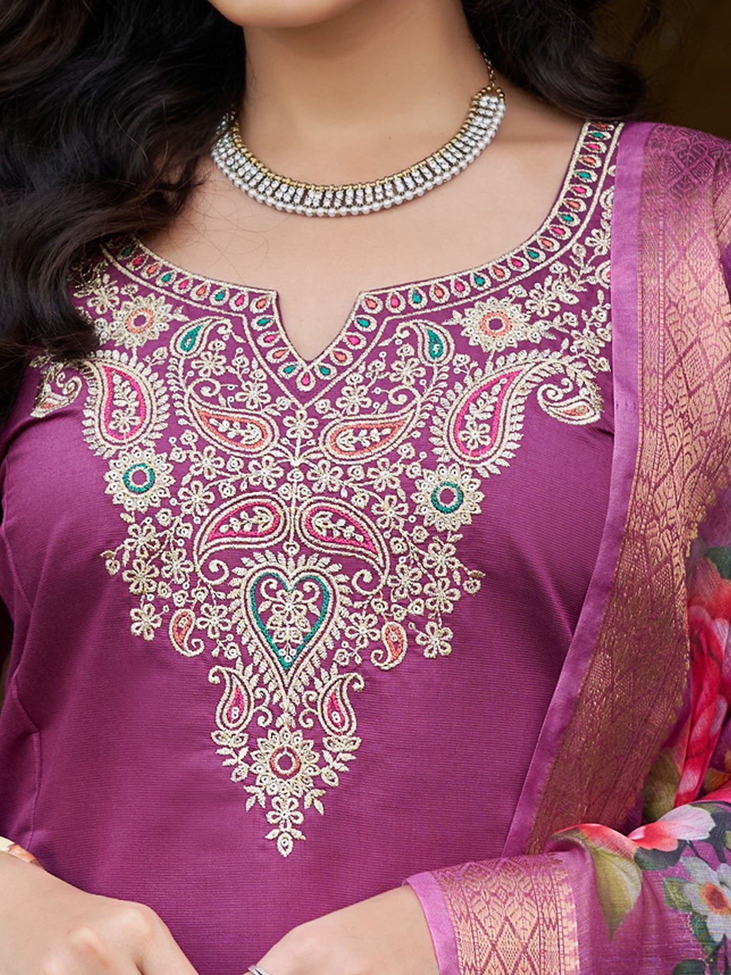 Mauve Purple Viscose Silk Blend Embroidered Kurta Set with Dupatta