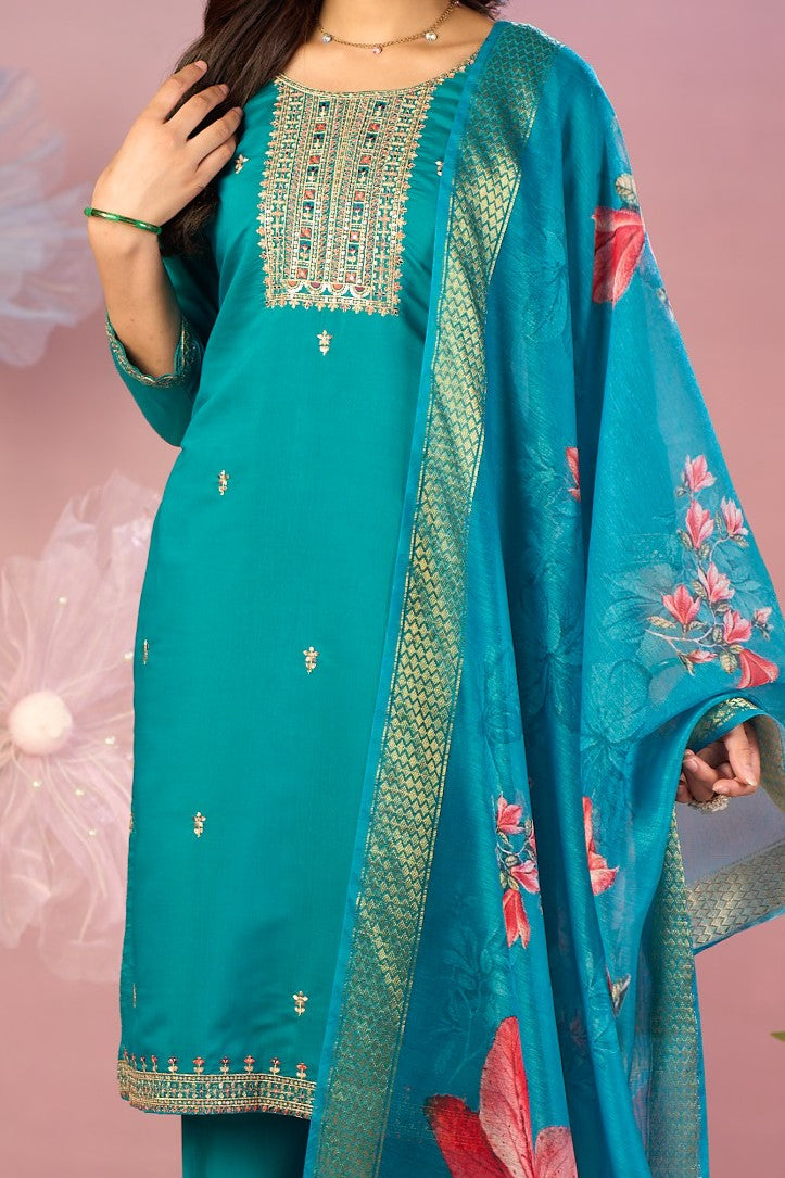 Vibrant Teal Blue Silk Kurta Set with Zari Embroidery & Contrast Floral Dupatta