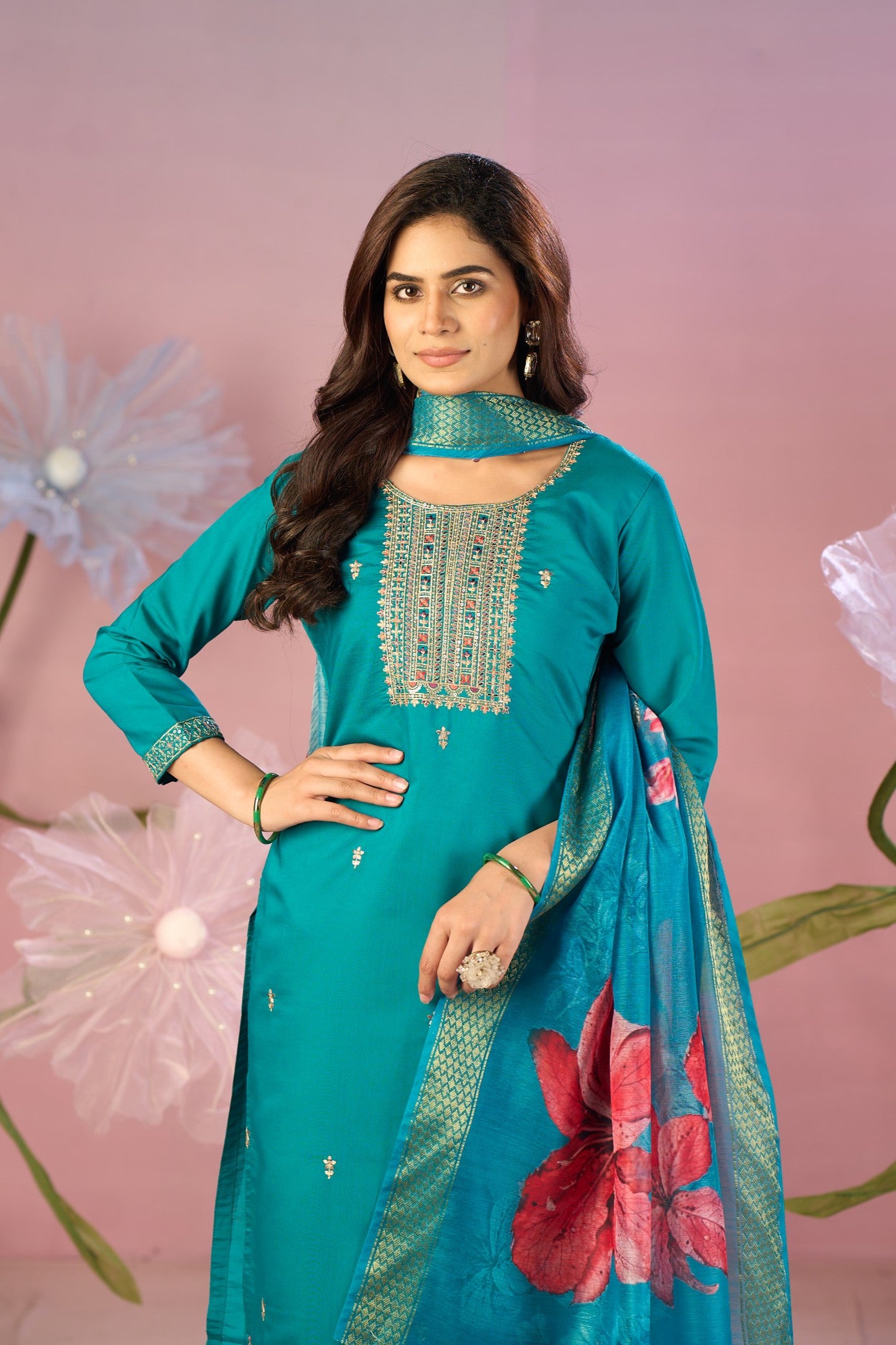 Vibrant Teal Blue Silk Kurta Set with Zari Embroidery & Contrast Floral Dupatta