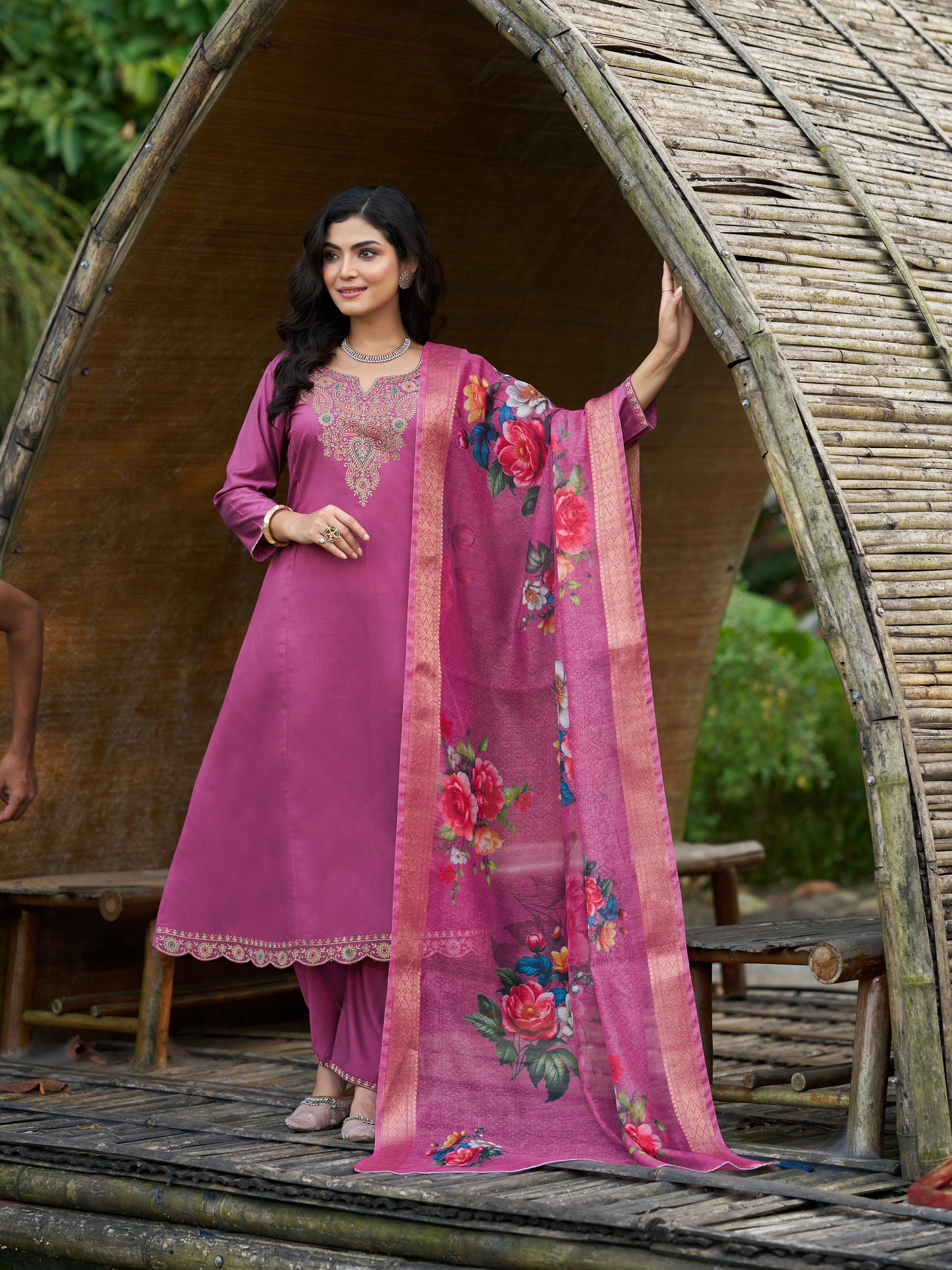 Mauve Purple Viscose Silk Blend Embroidered Kurta Set with Dupatta