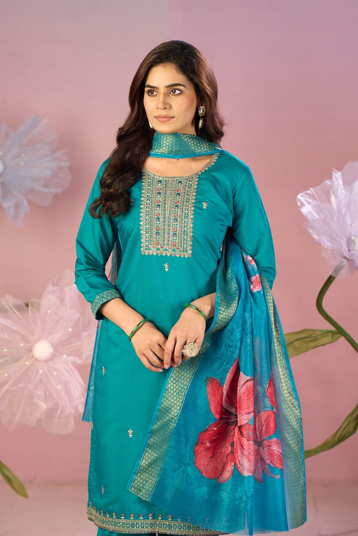 Vibrant Teal Blue Silk Kurta Set with Zari Embroidery & Contrast Floral Dupatta