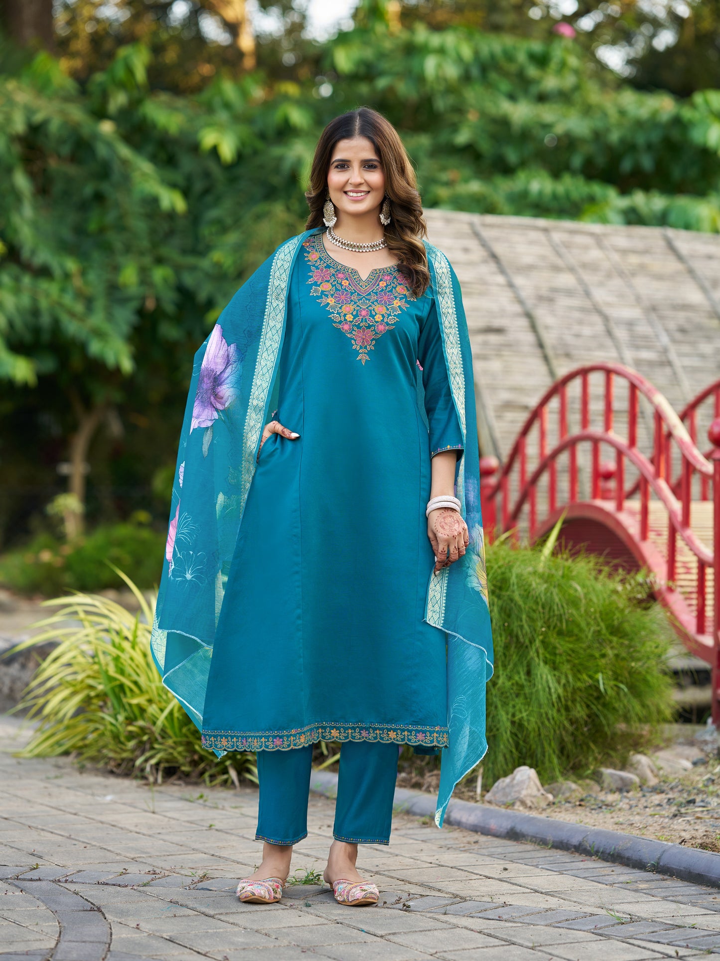 Teal Blue Viscose Silk Blend Embroidered Kurta Set with Dupatta