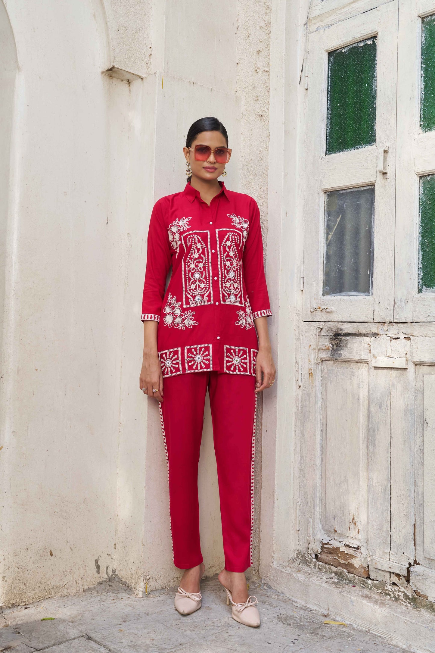 Rani Pink Embellished Viscose Rayon Co-ord Set