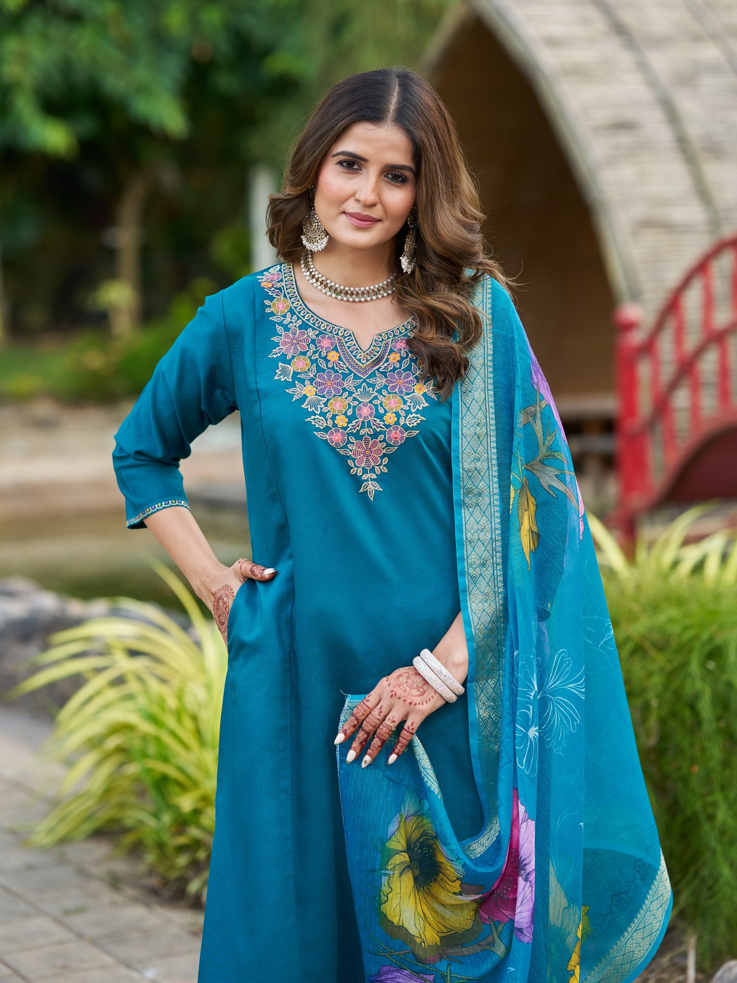 Teal Blue Viscose Silk Blend Embroidered Kurta Set with Dupatta