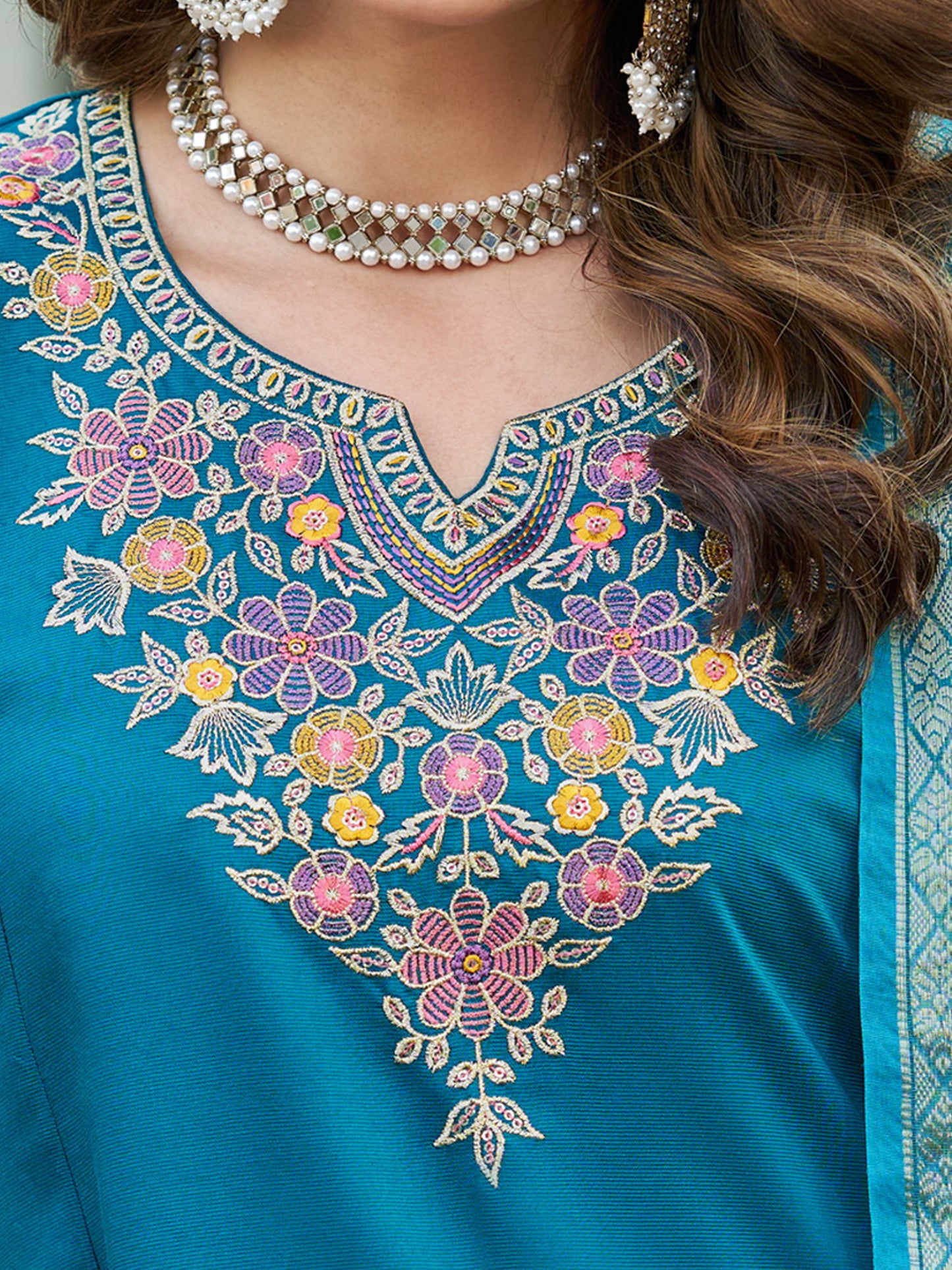 Teal Blue Viscose Silk Blend Embroidered Kurta Set with Dupatta