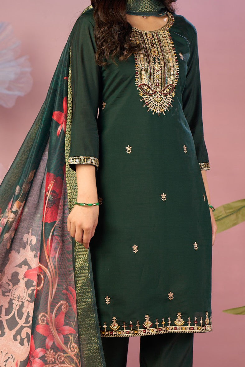 Green Silk Kurta Set with Zari Embroidery & Designer Floral Dupatta
