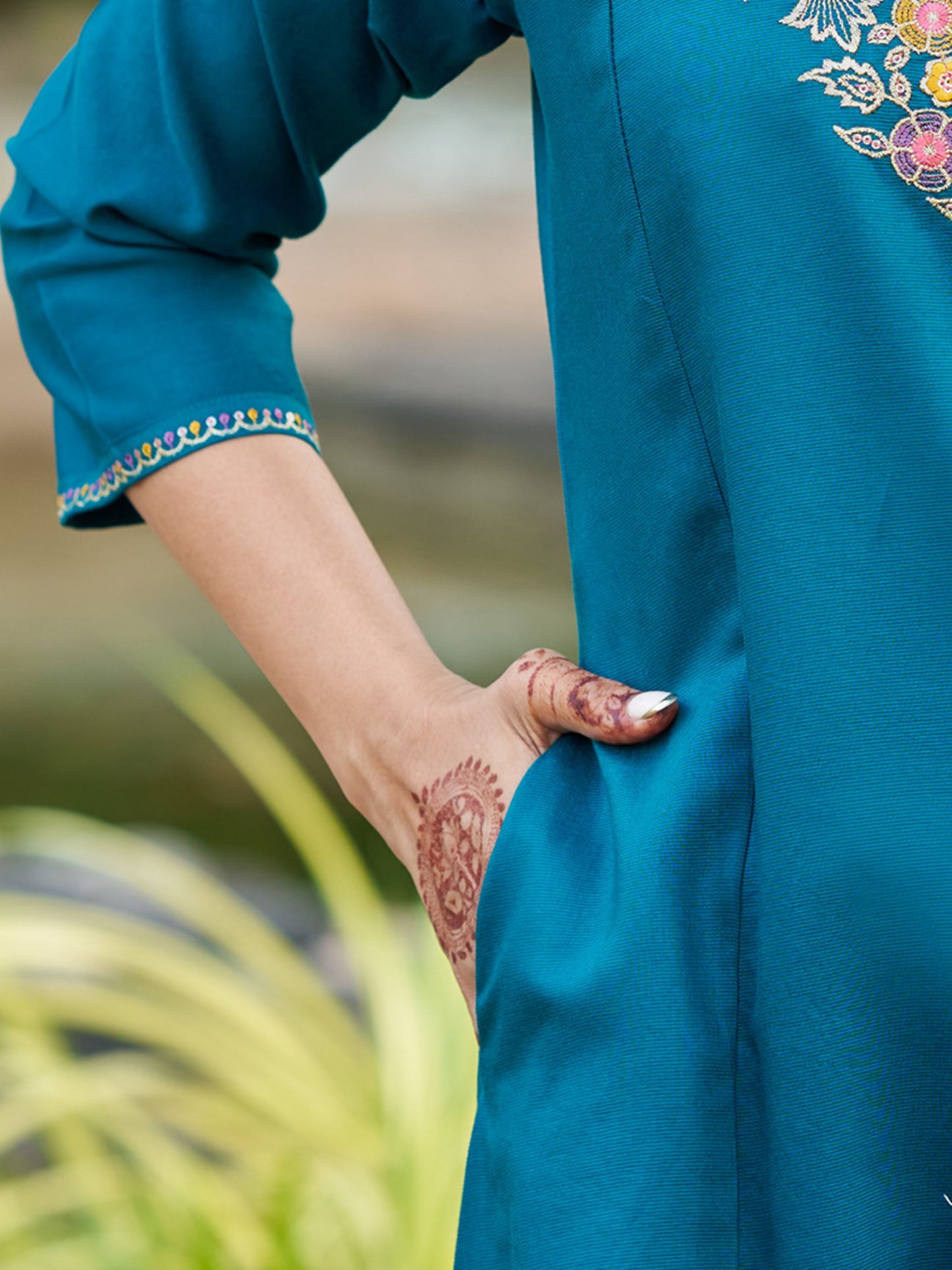 Teal Blue Viscose Silk Blend Embroidered Kurta Set with Dupatta